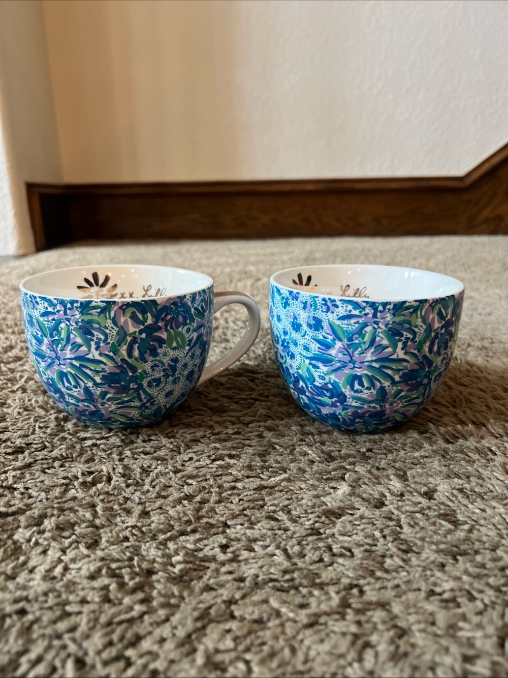 Lilly Pulitzer Coffee Mugs Set of 2 High Maintenance Blue Purple Floral Ceramic
